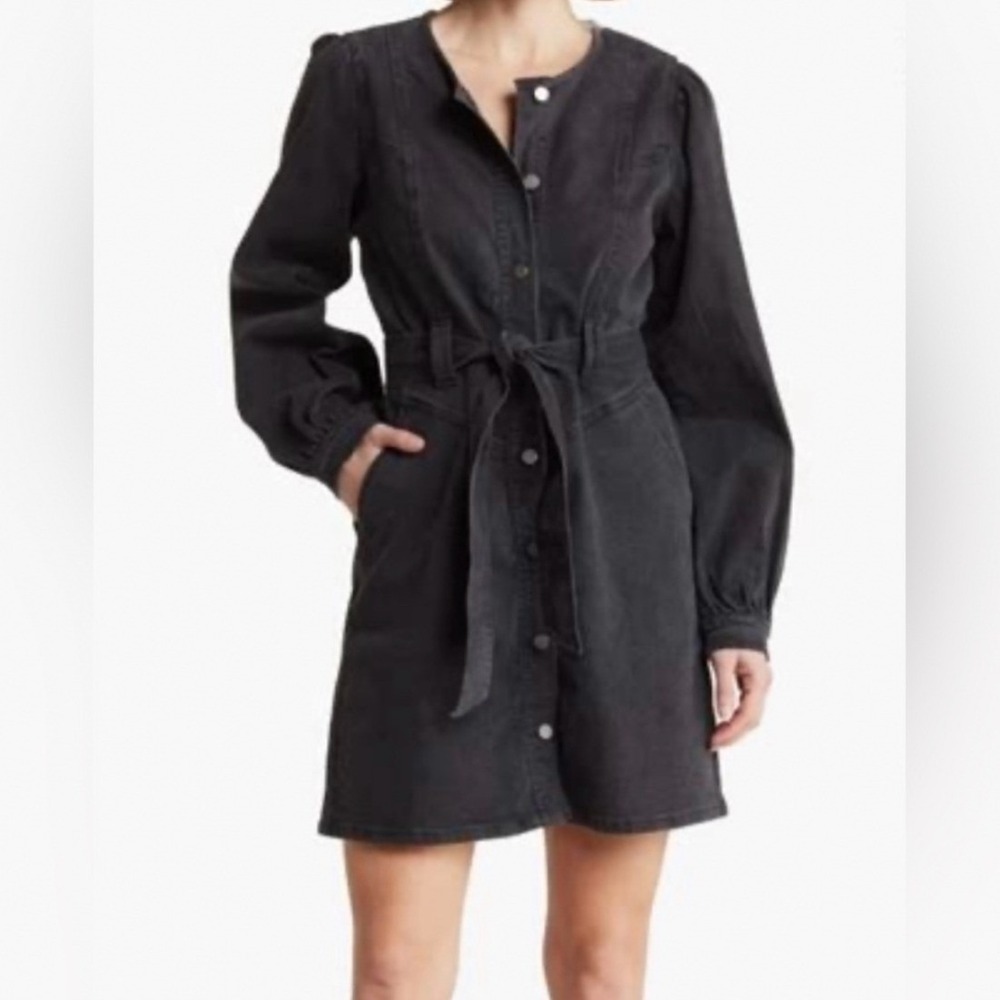Habitual Denim Shirt Dress Womens XS Black Excellent Belted Long Sleeve Mini
